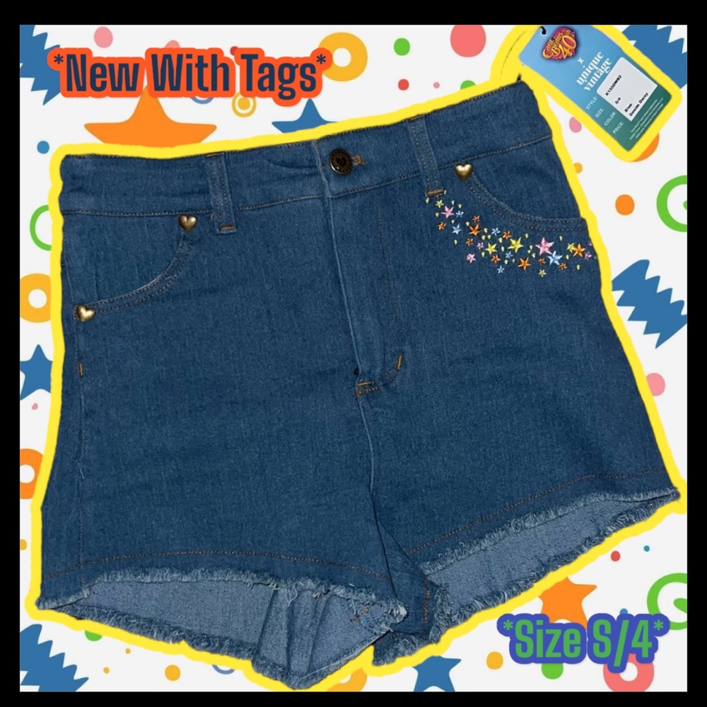 NWT: Unique Vintage X Care Bears - Funshine Denim Cutoff Shorts (SIZE S/4).